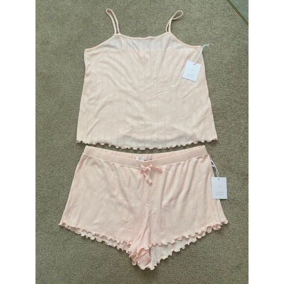 Lauren Conrad Pajama Set Pink Pointelle Cami Shorts Set Lettuce Edge Large NWT